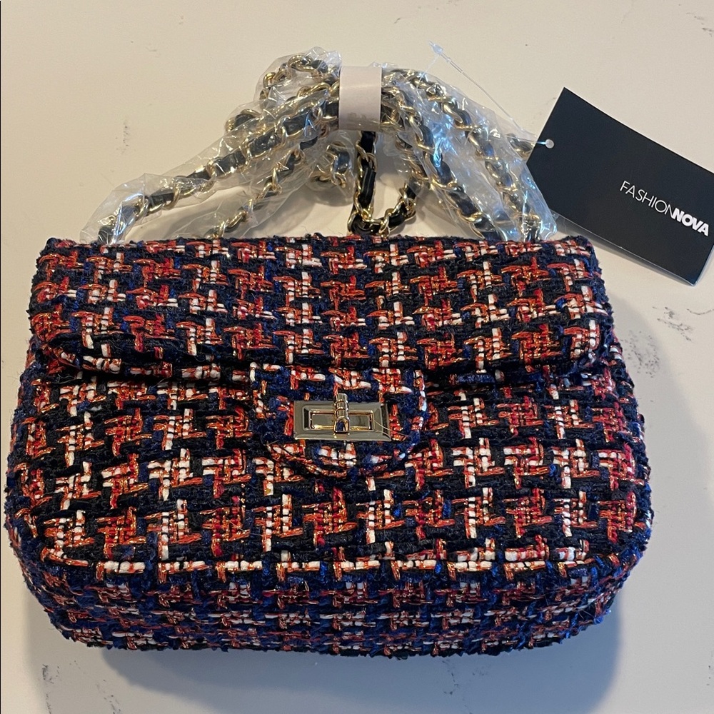 Fashion Nova Navy, Red & White Tweed Chain Shoulder Bag
